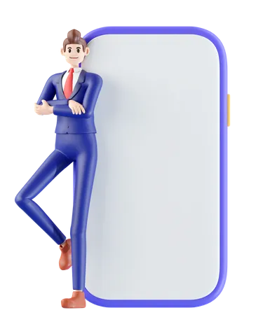 Businessman Standing Next To A Big Phone 3 D Illustration Of Cute Cartoon Smiling Isolated On White Background 3D Illustration