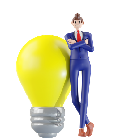 Businessman standing next to a light bulb  3D Illustration