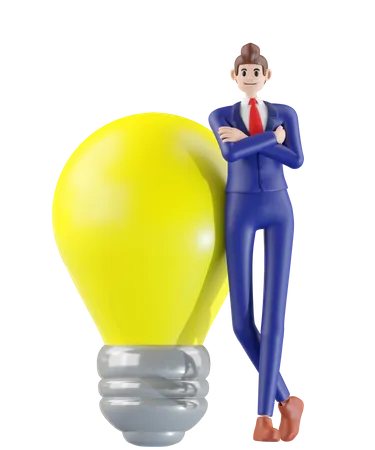 Businessman Standing Next To A Light Bulb 3 D Illustration Of Cute Cartoon Smiling Isolated On White Background 3D Illustration