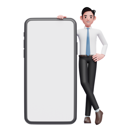 Businessman standing next to big phone with legs crossed  3D Illustration
