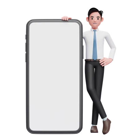 Businessman standing next to big phone with legs crossed 3D Illustration