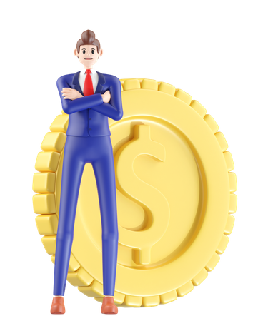 Businessman standing next to currency coin  3D Illustration