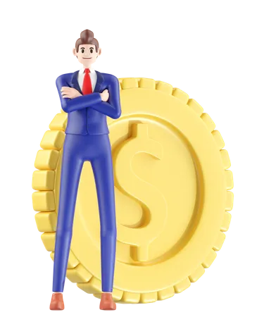 Businessman standing next to currency coin  3D Illustration