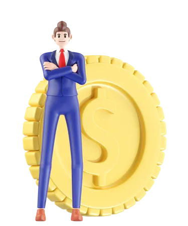 Businessman Standing Next To Currency Coin 3 D Illustration Of Cute Cartoon Smiling Isolated On White Background 3D Illustration
