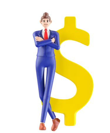 Businessman standing next to currency sign  3D Illustration