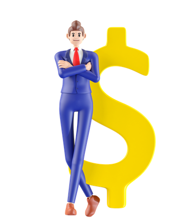 Businessman standing next to currency sign  3D Illustration