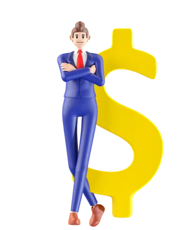 Businessman Standing Next To Currency Sign 3 D Illustration Of Cute Cartoon Smiling Isolated On White Background 3D Illustration