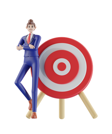 Businessman standing next to large dartboard  3D Icon