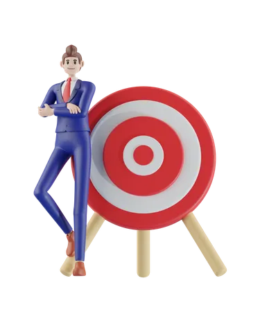 Businessman Standing Next To A Large Dartboard 3 D Illustration Of Cute Cartoon Smiling Isolated On White Background 3D Illustration