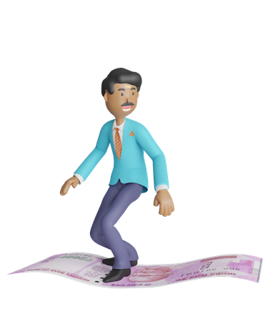 Businessman standing on banknotes flying in the sky  3D Illustration