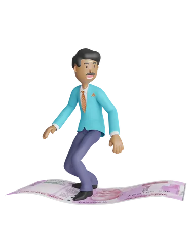 Businessman standing on banknotes flying in the sky  3D Illustration