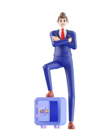 Businessman standing on safe box  3D Illustration