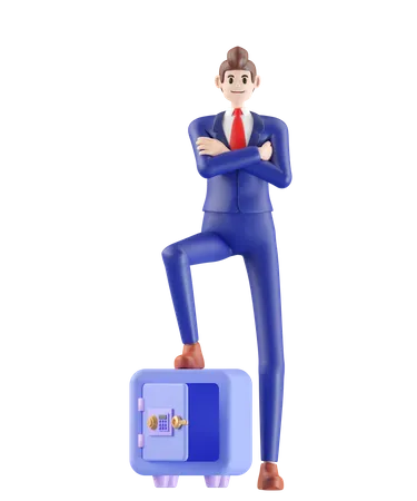 Businessman Standing On Safe Box 3 D Illustration Of Cute Cartoon Smiling Isolated On White Background 3D Illustration