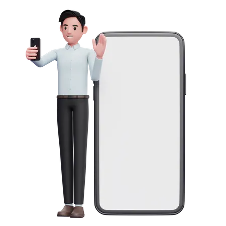 Businessman standing while making video call and waving hand 3D Illustration