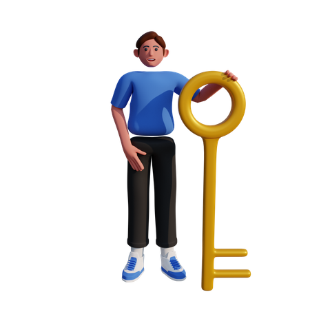 Businessman standing with big key  3D Illustration