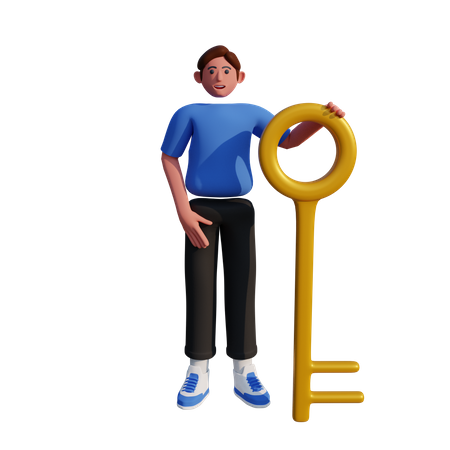 Businessman standing with big key 3D Illustration