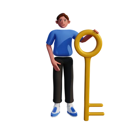 Businessman standing with big key 3D Illustration