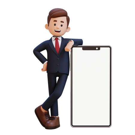 Businessman Standing With Big Smart Phone With Empty Screen  3D Illustration