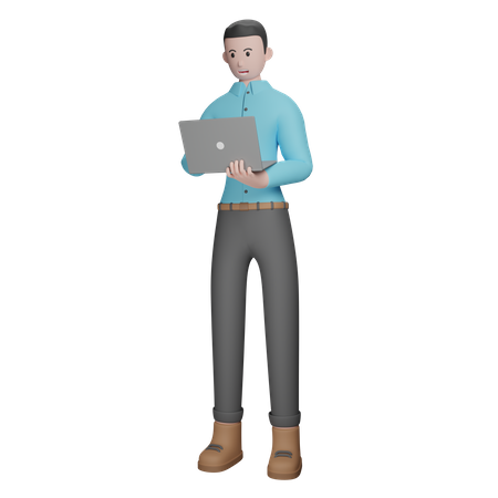 Businessman Standing With Laptop 3D Illustration