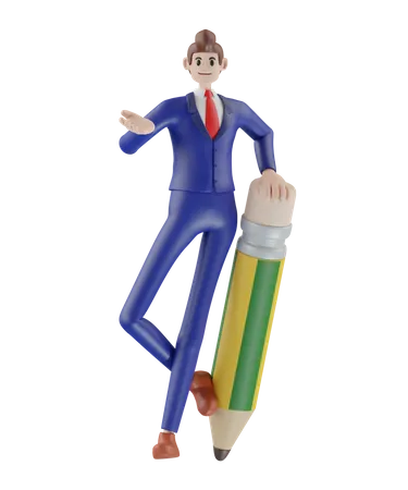 Businessman Standing With A Pencil 3 D Illustration Of Cute Cartoon Smiling Isolated On White Background 3D Illustration