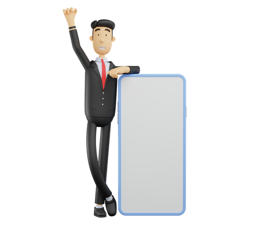 Businessman standing with smartphone and raising hand  3D Illustration