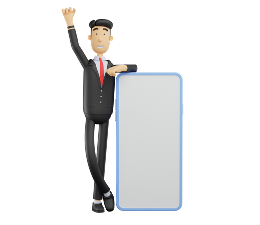 Businessman standing with smartphone and raising hand 3D Illustration