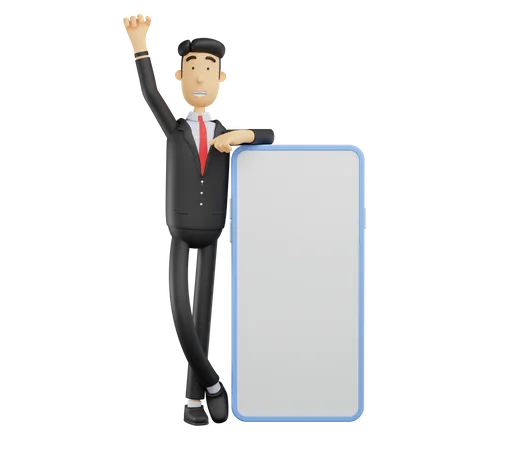 3 D Bussiness Man Character Standing Next To Smart Phone And Raising Hand Isolated On White Background 3 D Render Illustration 3D Illustration