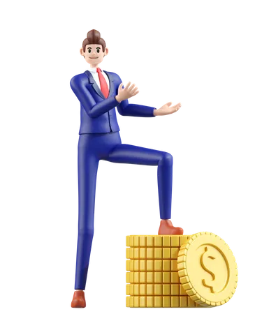 Businessman Step Up To Income Coin Currency 3 D Illustration Of Cute Cartoon Smiling Isolated On White Background 3D Illustration