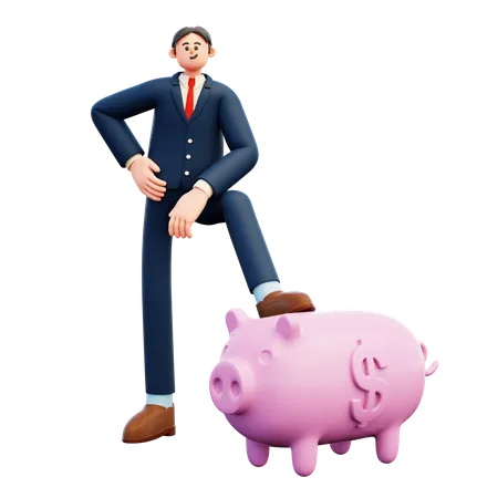 Businessman Stepping On Piggy Bank  3D Illustration