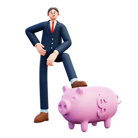Businessman Stepping On Piggy Bank  3D Illustration