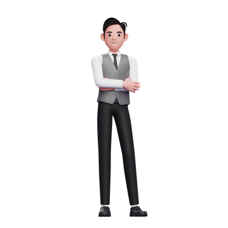 Businessman stylish With Crossed Arms wearing a gray office vest 3D Illustration