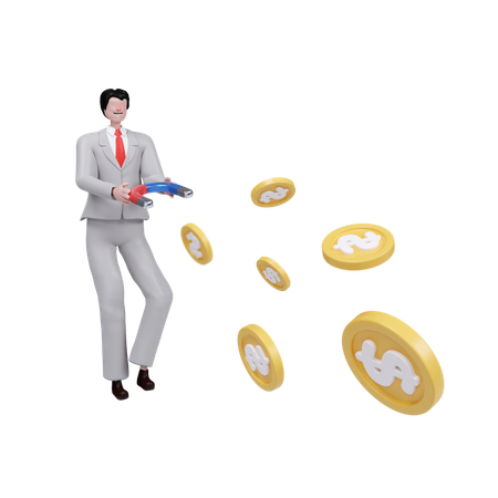 Businessman Success With Money Gun Shooting Coins  3D Illustration
