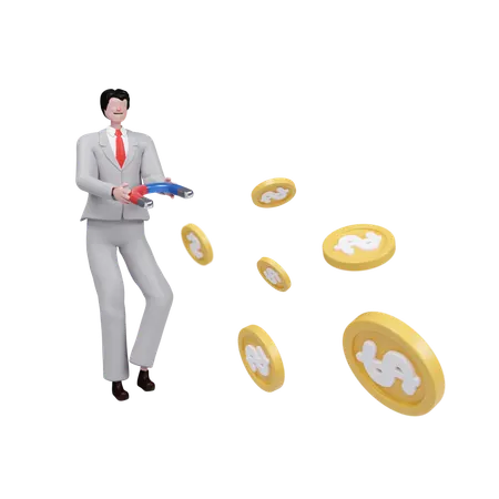 Businessman Success With Money Gun Shooting Coins  3D Illustration