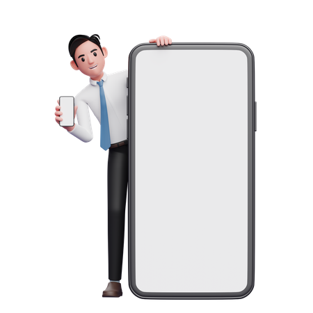 Businessman surprises by appearing behind a big cell phone  3D Illustration