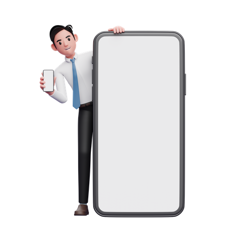 Businessman surprises by appearing behind a big cell phone 3D Illustration