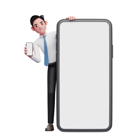 Businessman surprises by appearing behind a big cell phone  3D Illustration