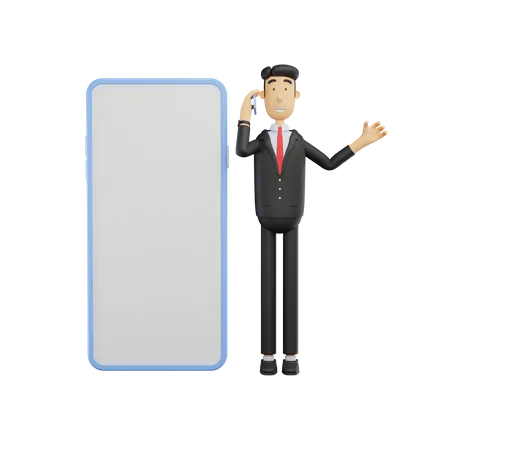 3 D Bussiness Man Character Make A Call Next To A Big Smartphone Isolated On White Background 3D Illustration