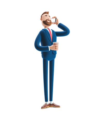 Businessman Talking on Phone holding coffee cup 3D Illustration