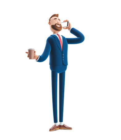 Businessman Talking on Phone holding coffee cup  3D Illustration