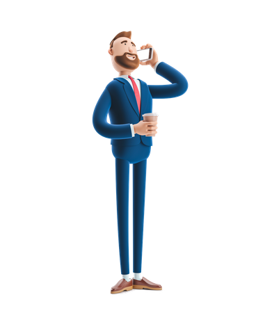 Businessman Talking on Phone holding coffee cup  3D Illustration