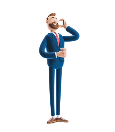 Businessman Talking on Phone holding coffee cup  3D Illustration