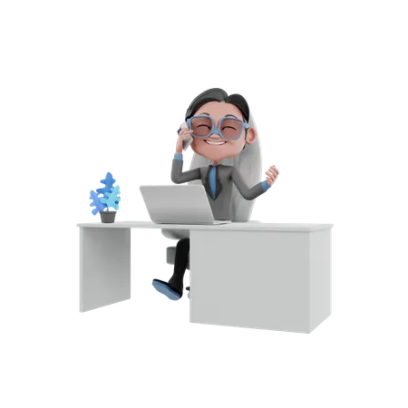 Businessman talking on phone while working in office  3D Illustration