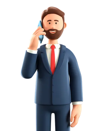 3 D Illustration Of Standing Happy Man Talking On The Phone Close Up Portrait Of Cute Smiling Bearded Businessman Using Smartphone Cartoon Business Male Character 3D Illustration