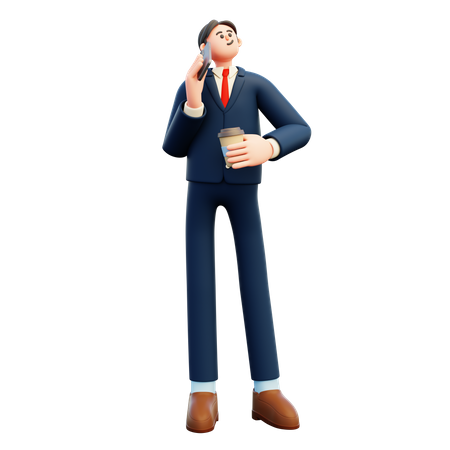 Businessman talking on smartphone while drinking coffee cup  3D Icon