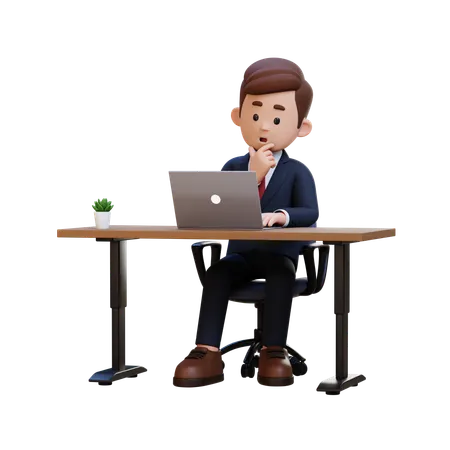 3 D Businessman Character Thinking And Working On A Laptop 3D Illustration