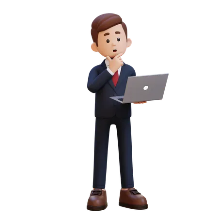 3 D Businessman Character Thinking And Working On A Laptop 3D Illustration