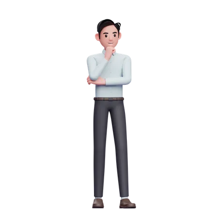 Businessman thinking with fist on chin 3D Illustration