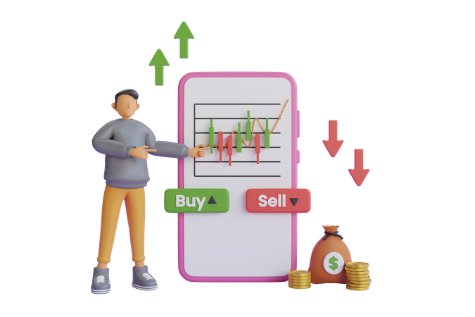 Businessman trading stock using mobile app  3D Icon