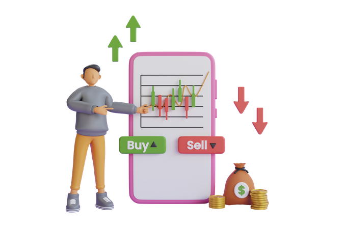 Businessman trading stock using mobile app 3D Illustration