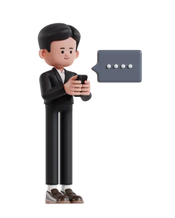3 D Illustration Of Cartoon Businessman Typing Message On Cell Phone 3D Illustration